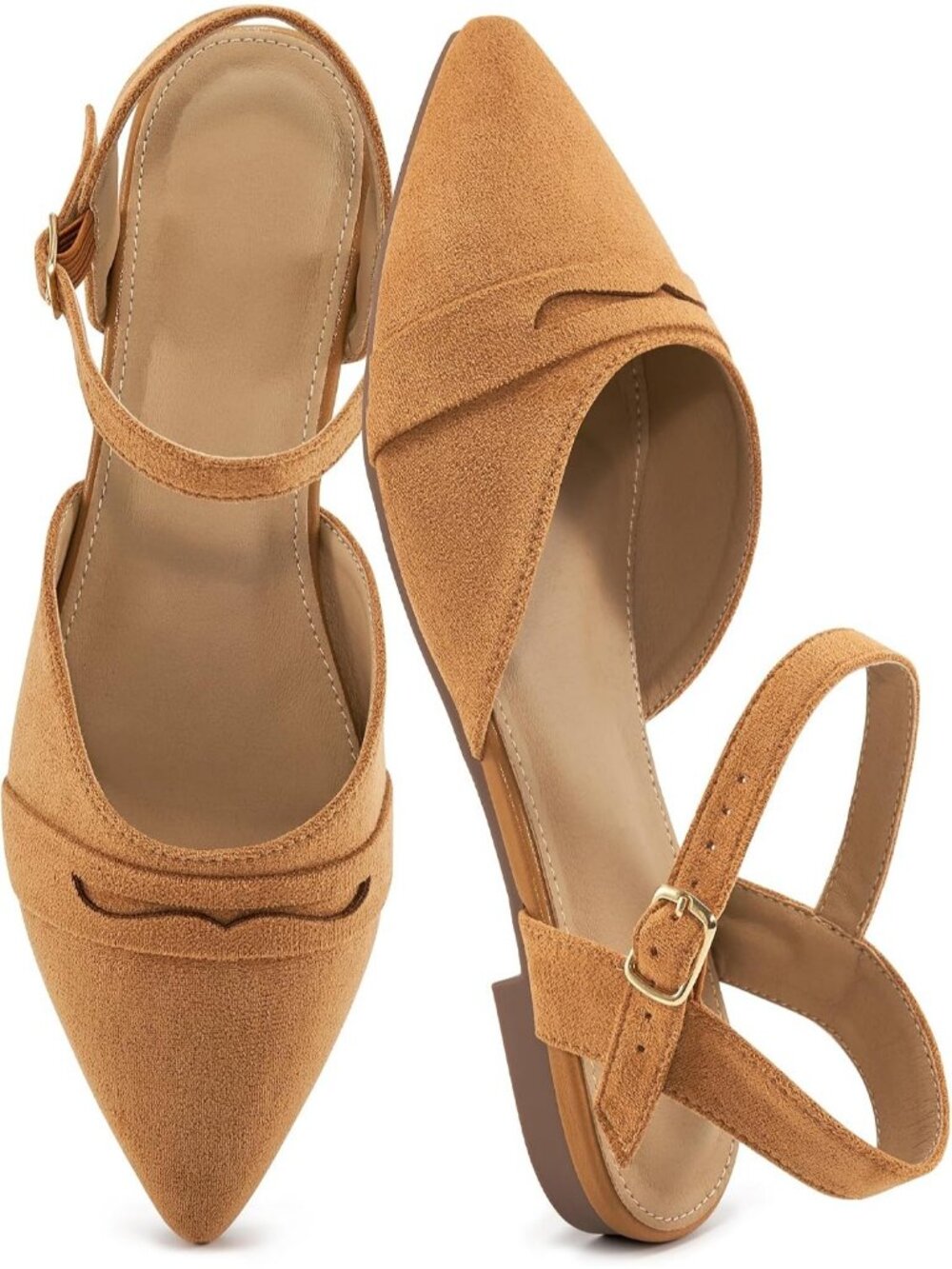 Women's Light Brown Slingback Closed Pointed Toe Comfortable Dressy Flats Shoes